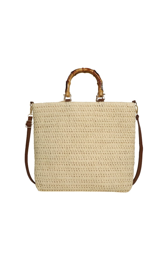 2026 New Women Straw Woven Handbag with Bamboo Handle Tote Clutch Bags for Seaside (Beige), for Beach, Vacations, Seaside Outings, Summer Parties, Casual Use