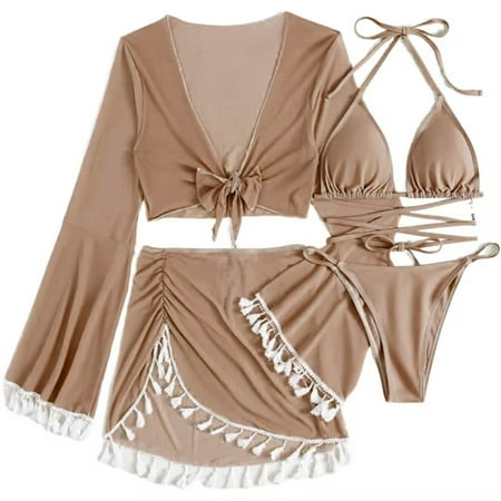 WREESH Women s 4-Piece Bikini Set Fashion String Thong Swimsuit with Tassel Mesh Cover-Up & Fringe Mini Skirt Coffee