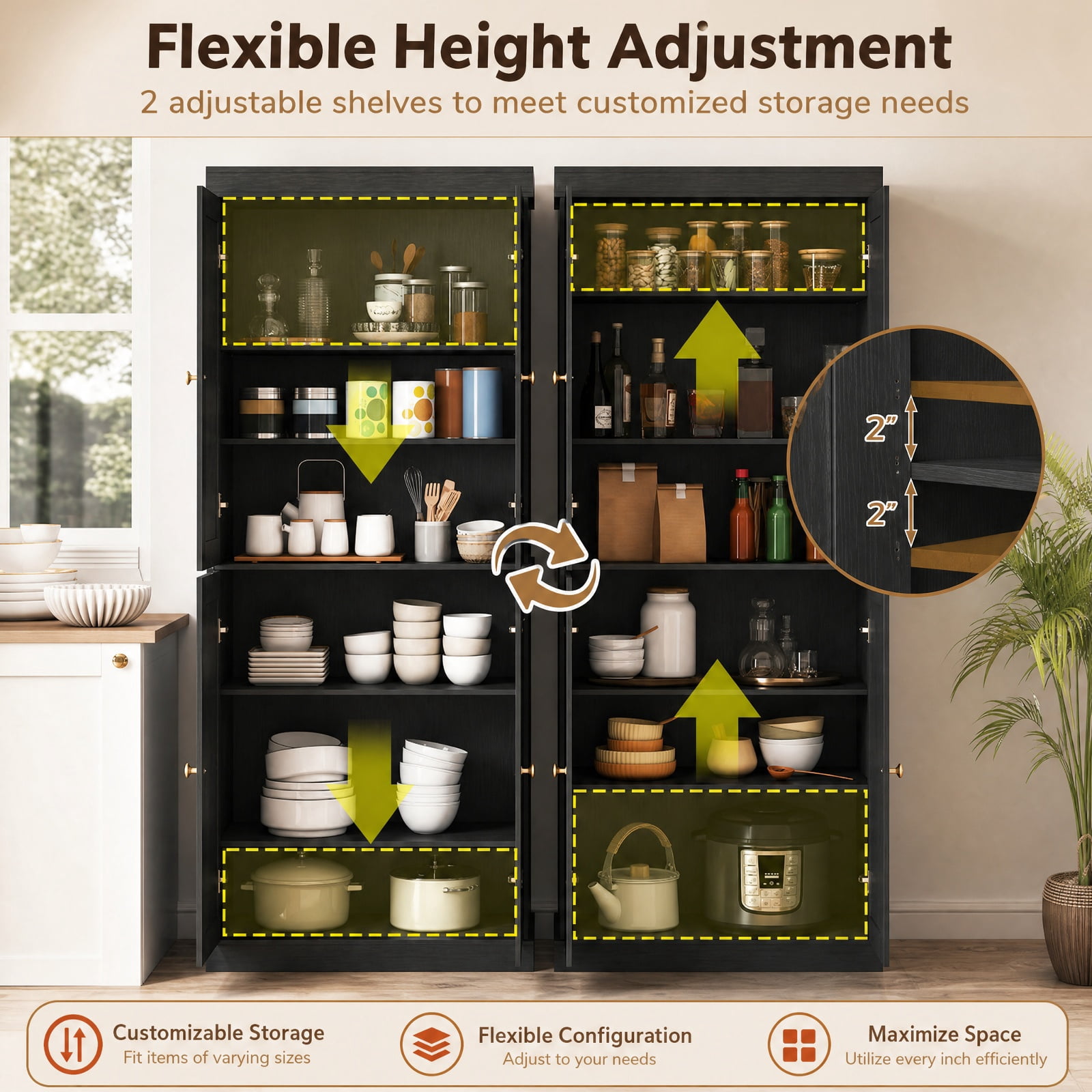 Furnibear 72.5 Inch Tall Kitchen Pantry Cabinet with 2 Adjustable Shelves Enclosed Doors and Anti Tipping Kits for Kitchen and Dining Room, Black