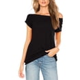 thumbnail image 3 of Weikingp Oversized Tshirts For Women Women's Summer Tops Women Boat Neck Short Sleeve Off Shoulder Solid Casual Loose T Shirt Tops Tshirts Shirts For Women Black L, 3 of 4