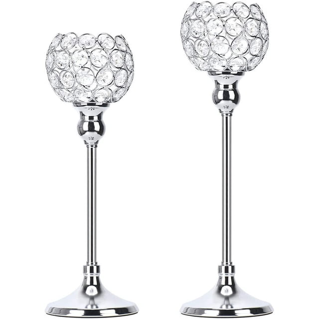 Candelabro de cristal, juego de 2 vintage para velas de pilar, decoración de cristal para sala de estar, decoración de mesa, boda, Navidad, cumpleaños, 32 cm y 37 cm de altura, plateado