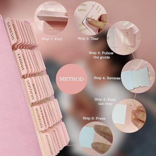 Bible Index Tabs for Women - 80 Large Gold Foil Laminated Leather Paper Bible Study Journaling Supplies, 66 Old New Testament + 14 Blank Self-Stick Tabs Easy Navigation & Organization (Pink)