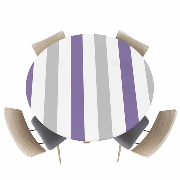 Modern Minimalist Purple Gray Stripe Fitted Round Tablecloths Elastic Edged Table Covers 36"-44",Geometric Line Art Waterproof Dining Room Table Cloth for Kitchen Holiday Party Tables Decor