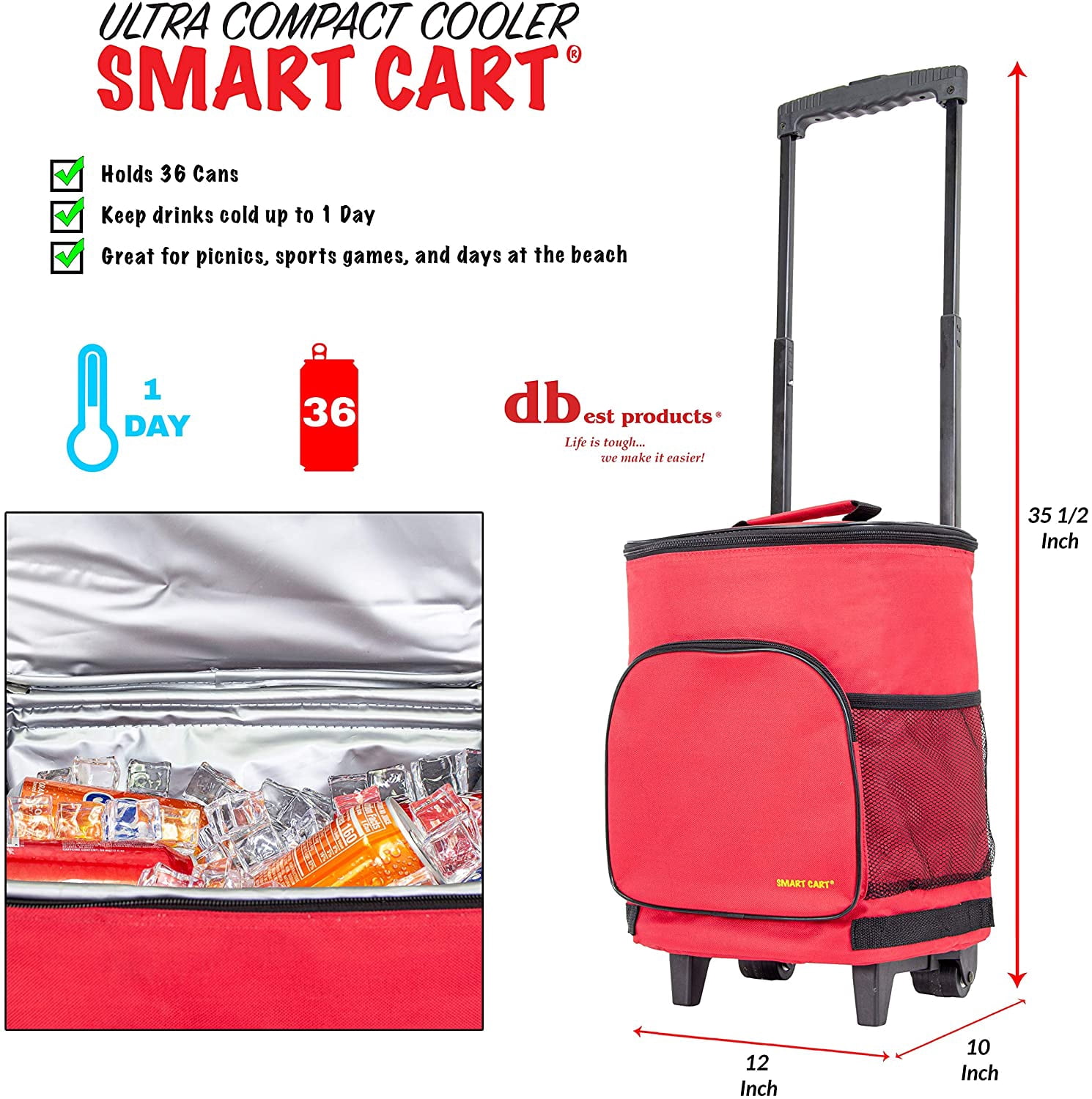 dbest products Ultra Compact Cooler Smart Cart, Red Insulated Collapsible Rolling Tailgate BBQ Beach Summer