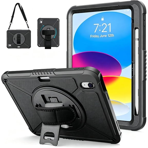 for iPad (A16) 11th/10th Generation 11''/10.9'' 2025/2022, Heavy Duty Case with Screen Protector & 360°-Rotating Hand Strap, Full-Body Drop Protection Cover, Black