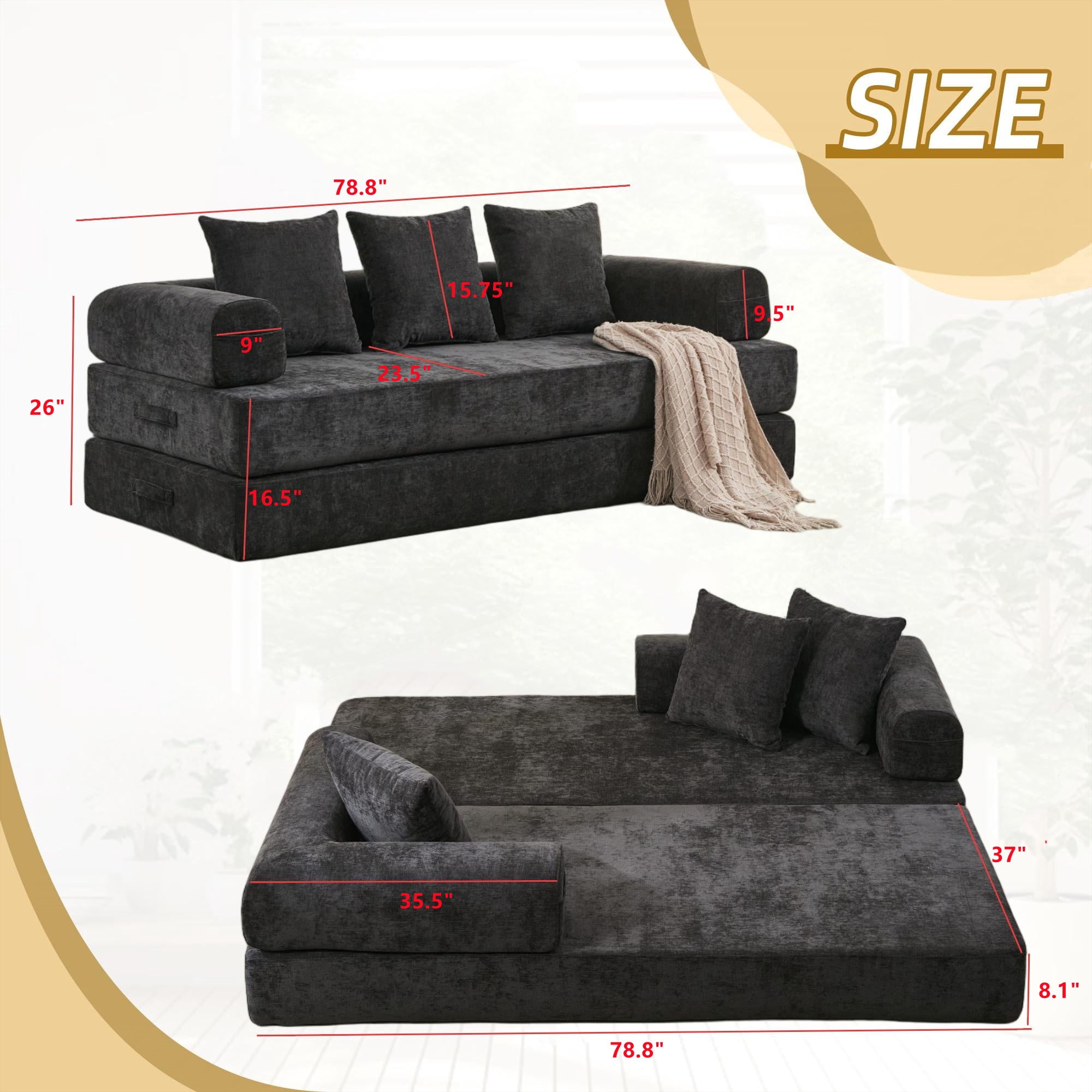 Aukfa Convertible Sleeper Sofa Bed King Floor Futon Couch for Living Room Bedroom, Chenille, Black