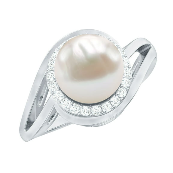 Rosec Jewels White Pearl Ring with Diamond Halo for Women (8 MM, AAA Grade), 925 Sterling Silver, US 4.00
