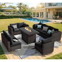 Grezone 9 Pieces Patio Furniture Set with Fire Pit Table, All Weather Outdoor Sectional PE Rattan, Patio Conversation Sets with Gas Fire Pit and Cushions for Garden Lawn Balcony Porch Deck, Black