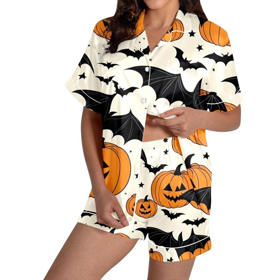 Halloween Silk Pajamas Women’s Cozy Halloween Print Pajama Set Short Sleeve Two-Piece Loungewear for Home Wear and Relaxation White S