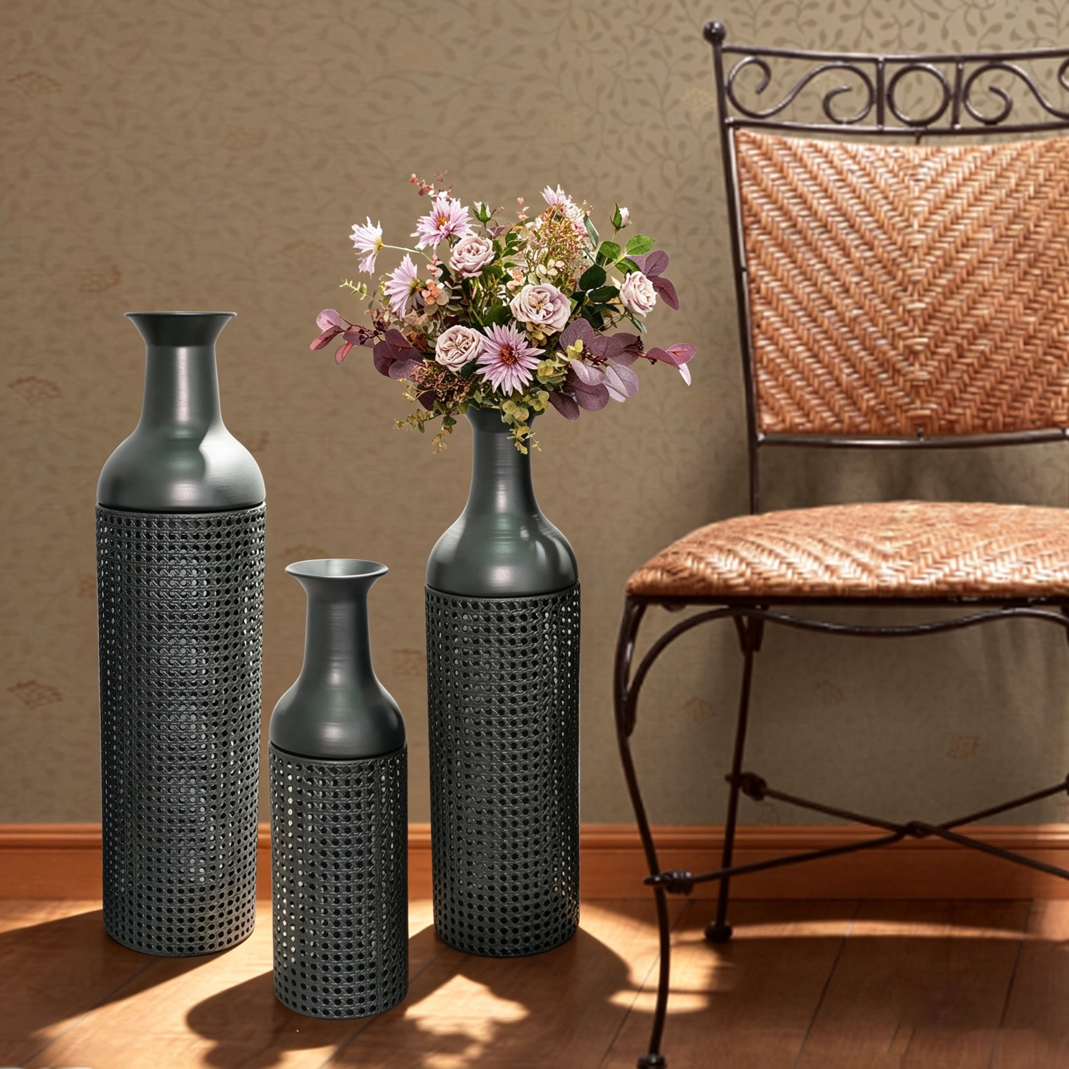 Noble House Set of 3 Decorative Metal Floor Vases, Cane Pattern Tall Vases, Black