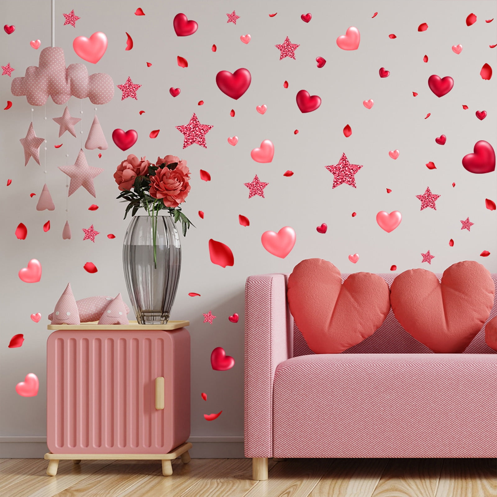 Pink Valentine's Day Wall Decals - Heart Balloon Truck & Love Lock Stickers, Self-Adhesive