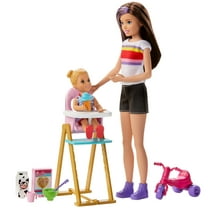 ​Barbie Skipper Babysitters Inc. Feeding Playset with Babysitting Skipper Doll, Toddler Doll with Feeding Feature, High Chair, Tricycle and Food-Themed Accessories for Kids 3 to 7 Years Old