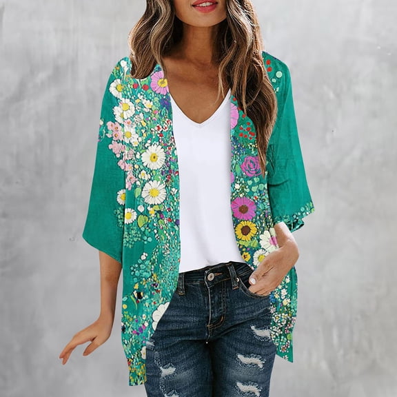 HOMBOM Dusters Kimonos for Women Summer Cardigan Lightweight 3/4 Sleeve Breathable Floral Open Front Young Womens Cover Ups Vacation