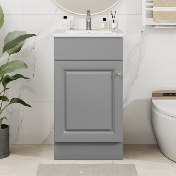 Vale Modern 18" Bathroom Vanity Cabinet with Ceramic Sink, Soft-Close Door, and Adjustable Storage, Grey
