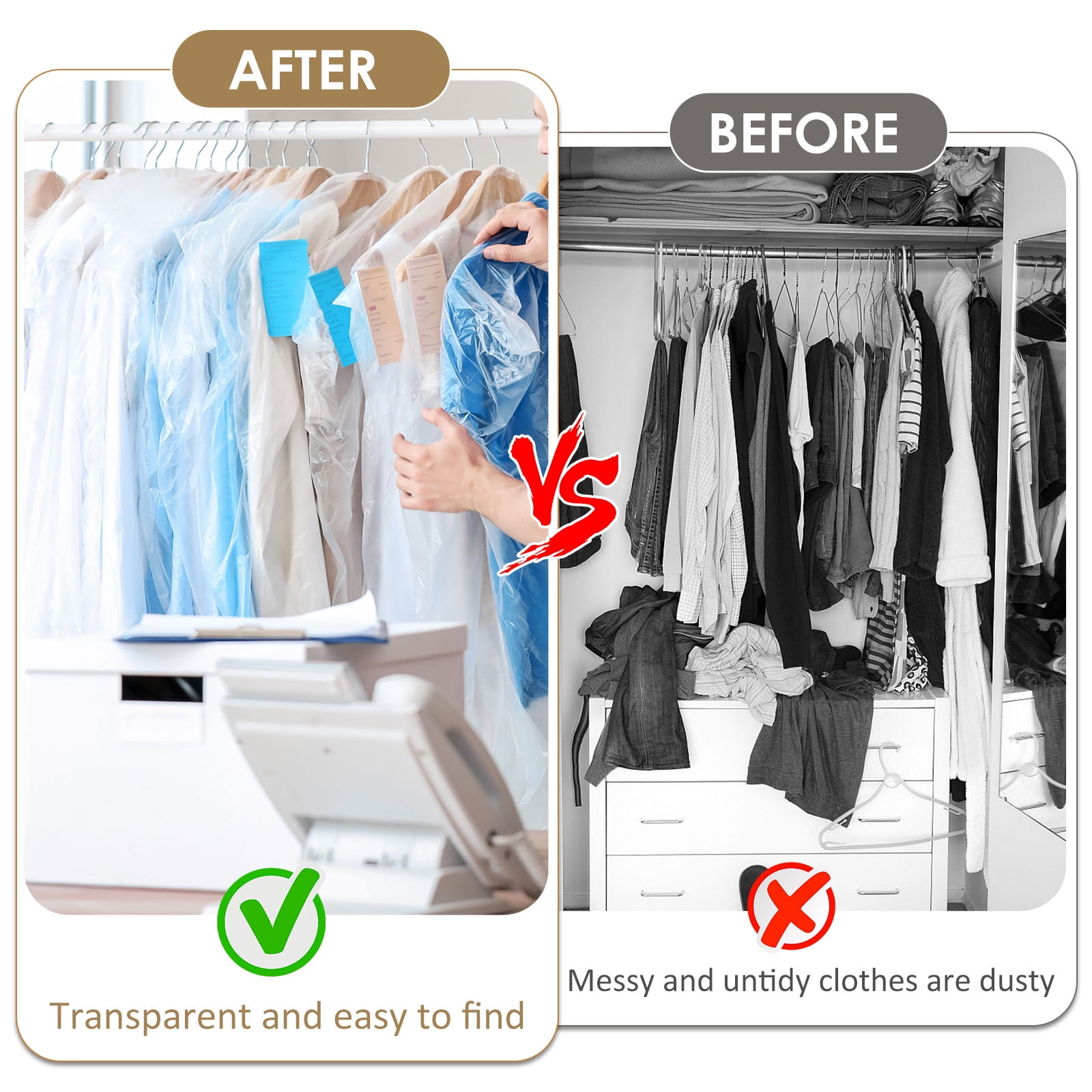 70Pcs Dry Cleaner Bag Reusable Clothes Dust Cover Waterproof Garment Dustproof Bag 3 Size Transparent Clothing Protector Cover Clear Coat Dry Cleaning Bag for Jacket Coat Suit