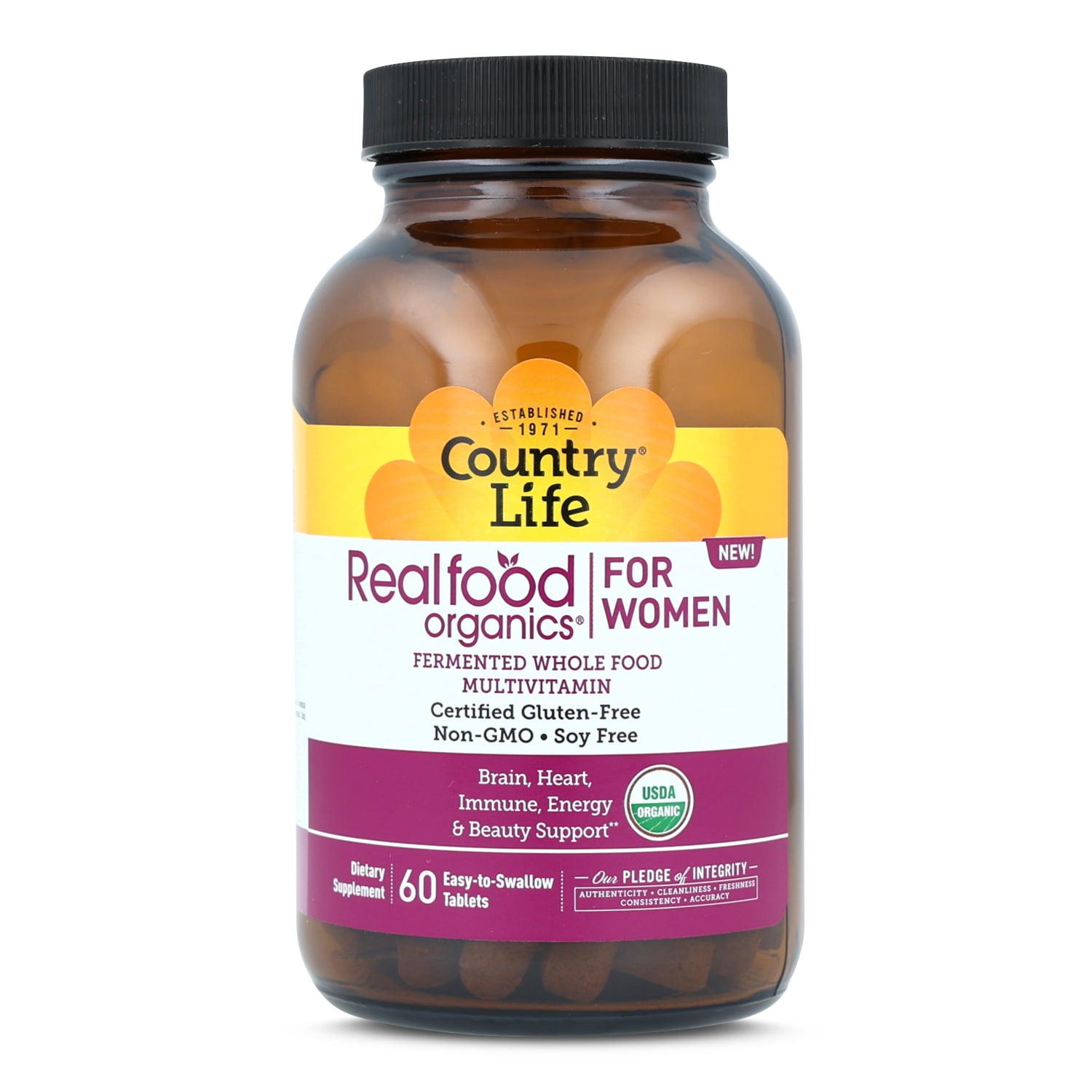 Country Life Realfood Organics Women’s Multivitamin – USDA Organic, Vegan, Gluten-Free – 1,300mg Fermented Whole Foods, Vitamins D, E, B, Folate & Biotin – Daily Energy & Beauty – 60 Tablets