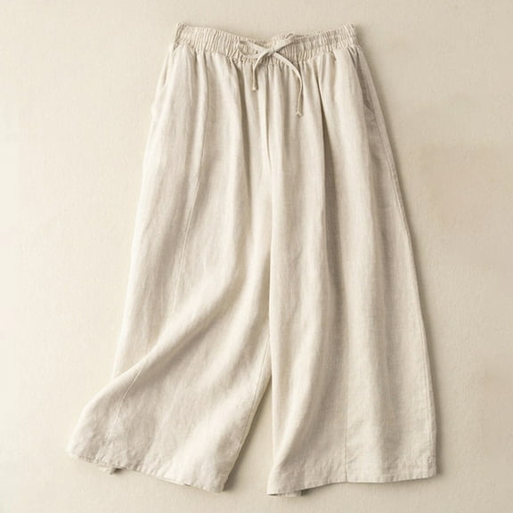 Summer Savings Clearance! Edvintorg Womens Capri Pants Casual Summer Solid Color Loose Leisure Retro Drawstring Frenulum Broad Leg Pants Capris Beige M