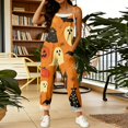 thumbnail image 5 of Halloween Jumpsuits for Women Linen Spaghetti Straps Wide Leg Overalls Floral Print Long Rompers, 5 of 6