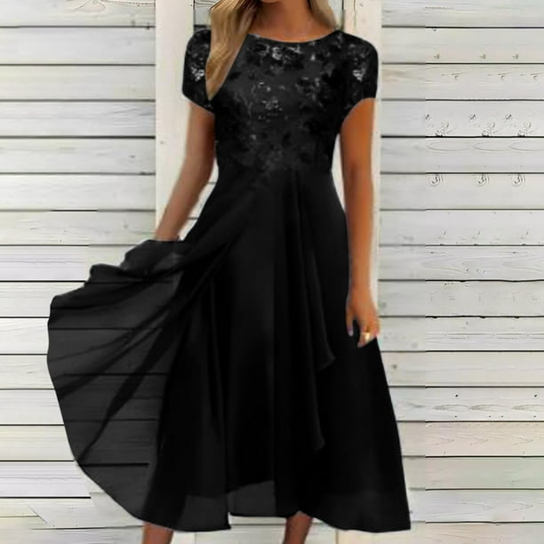 Chiffon Flowy Dress Women's Formal Evening Dresses Ladies Elegant  Embroidery Long Sleeve Black Funeral Guest Dress - Walmart Business Supplies
