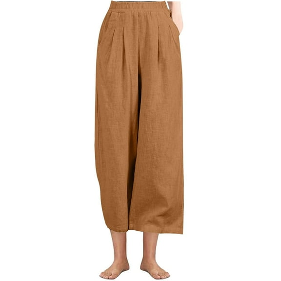 ABATAB Women Palazzo Capris Wide Leg Summer Casual Crop Pants Cotton Linen Baggy Elastic Waisted Beach Crop Trousers with Pockets