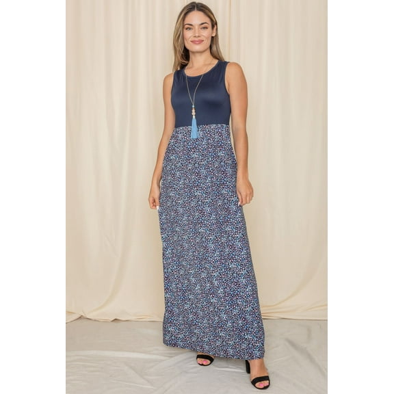 Contrast Navy Lavender Blue Ditsy Floral Sleeveless Maxi Dress