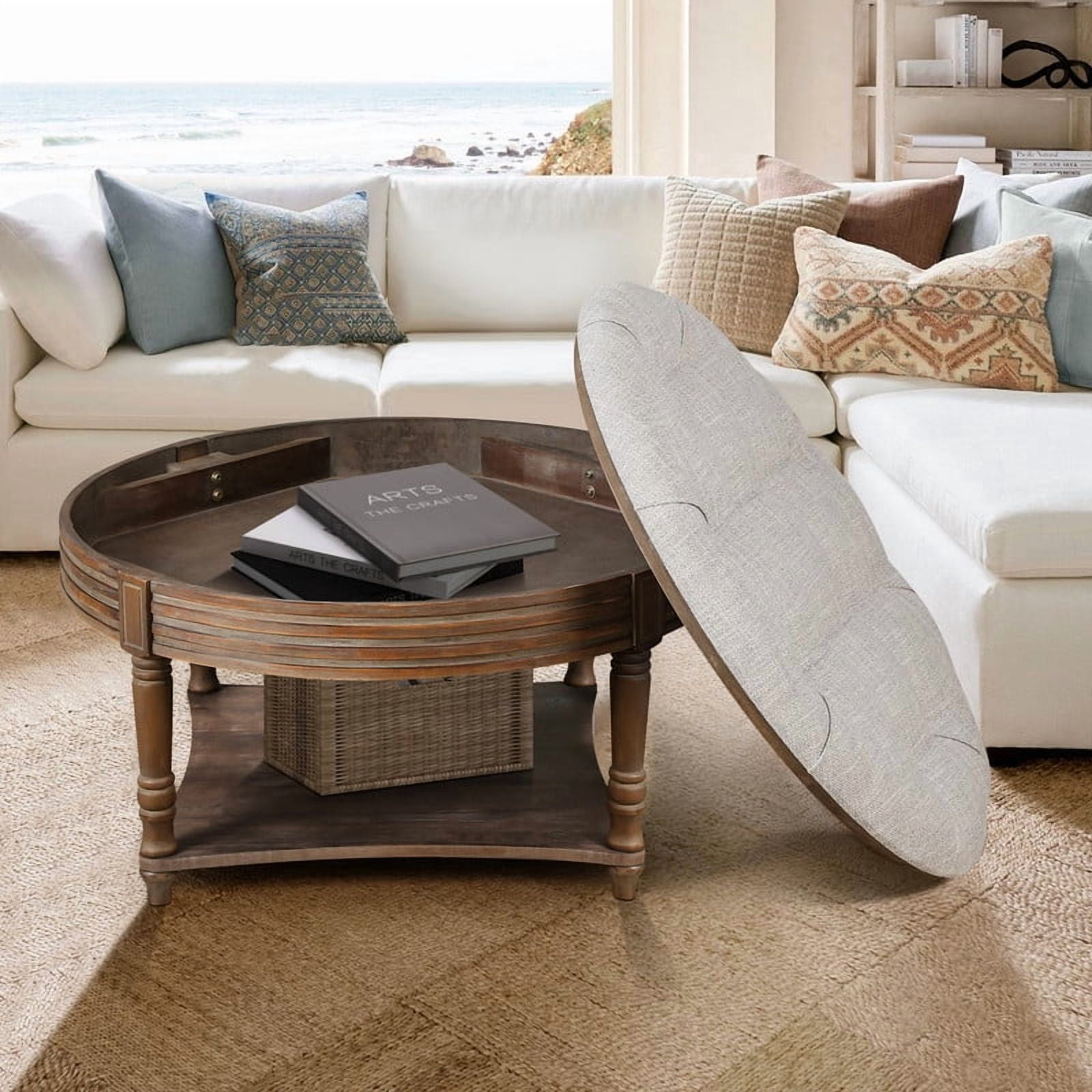 Round Storage Ottoman Coffee Table with Wooden Shelf, Oversized Tufted Upholstered Ottoman with Hidden Storage, Waterproof Linen Footrest for Living Room, Light Gray