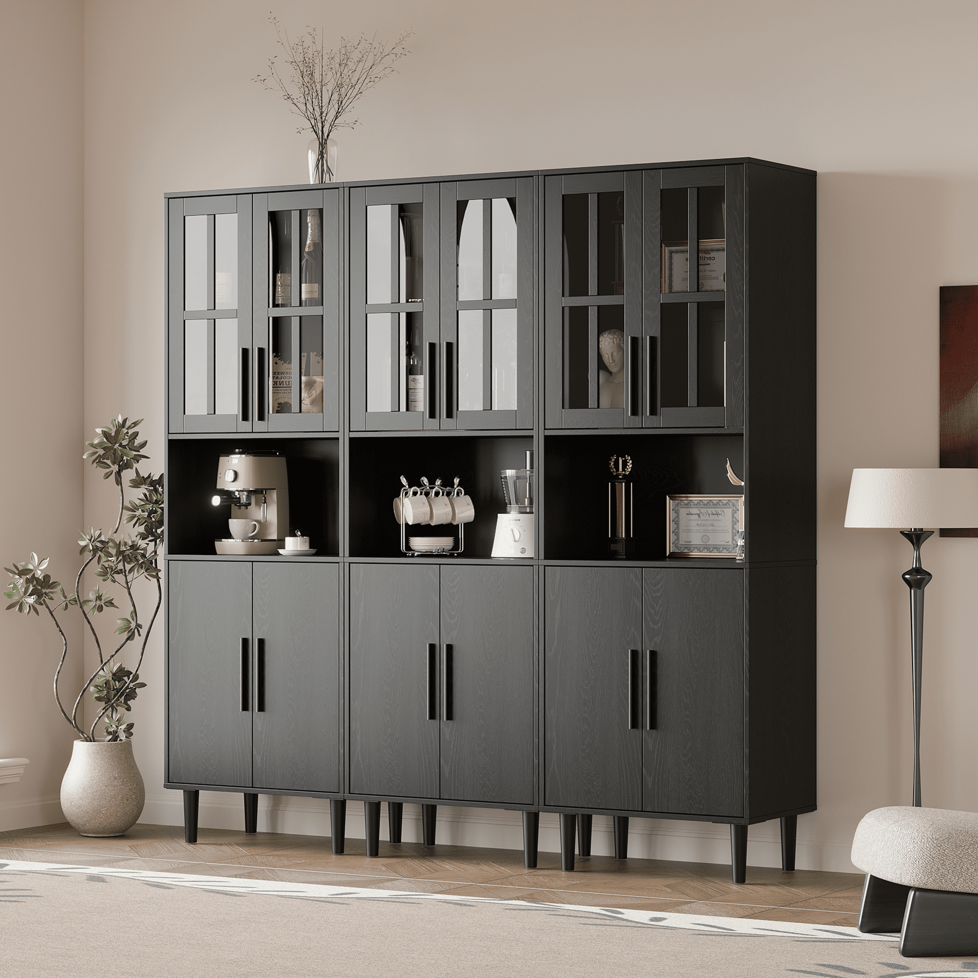 RichYa 71"H Tall Bookcase with Glass Door,4 Doors Display Bookshelf with Metal Legs,5 Tier Storage Cabinets for Living Room,Home Office,Black(C)