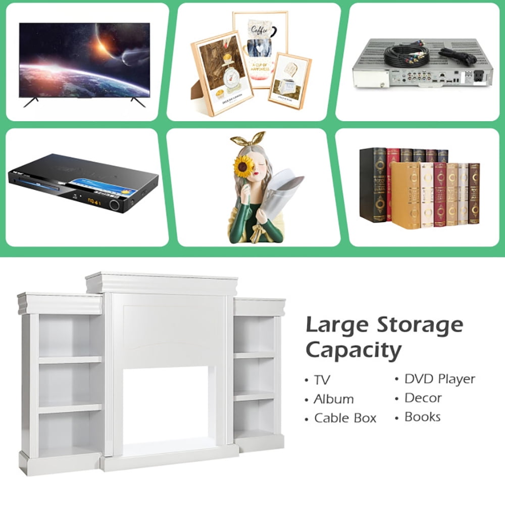 Finihen TV Stand, TV Cabinet, 70 Inch Modern Fireplace Media Entertainment Center with Bookcase, Media Entertainment Center with Storage, for Living Room, Bedroom, White