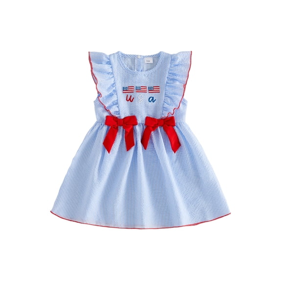 BemeyourBBs Kids Toddler Baby Girl 4th of July Dress Baby Girls Independent Day Clothes Patriot USA Flag Letter Embroidery striped Flying Sleeve Front Bow Princess Summer Party Holiday Dress