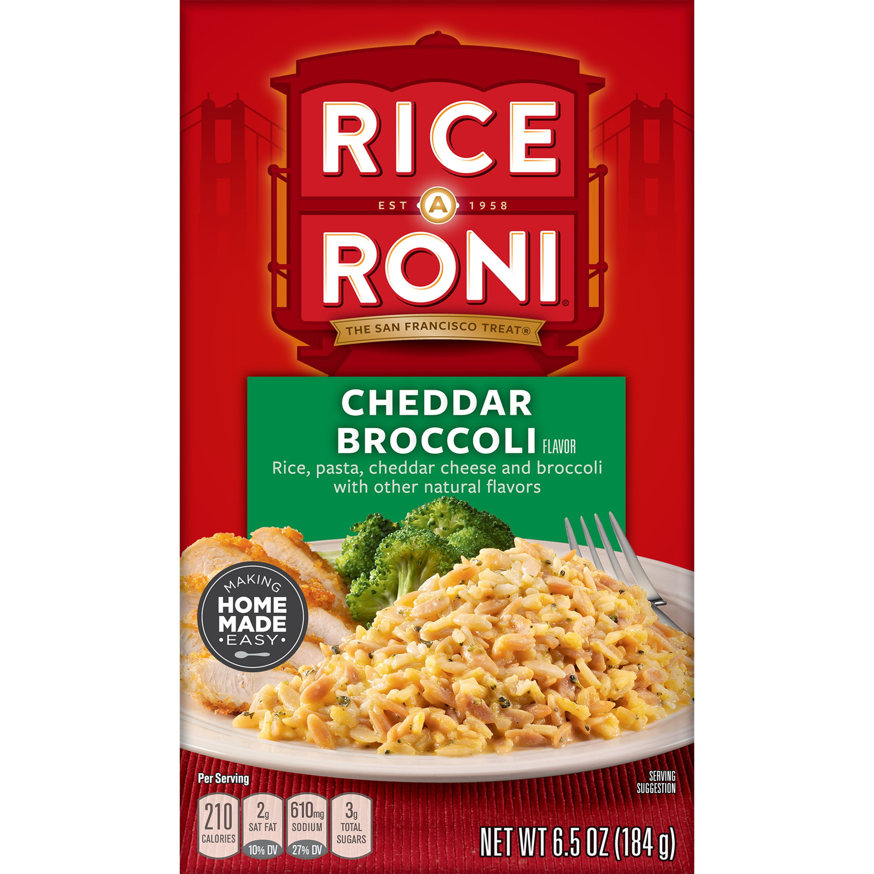 Rice-A-Roni Cheddar Broccoli Flavor Rice, 6.5 oz Cardboard Box, Packaged Meal, Dry Uncooked Rice