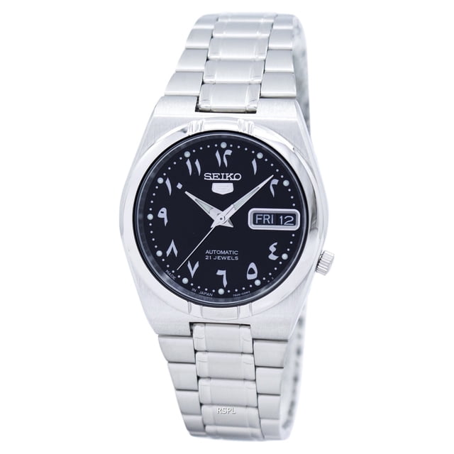 seiko reloj para hombre, modelo seiko 5, esfera negra - snk063j5 reloj automático con caja y brazalete de acero inoxidable, esfera negra con numerales arábigo-índicos y manecillas luminiscentes, indicador día-fecha a las 3, cristal Hardlex, caja aprox. 34 mm, fondo transparente.