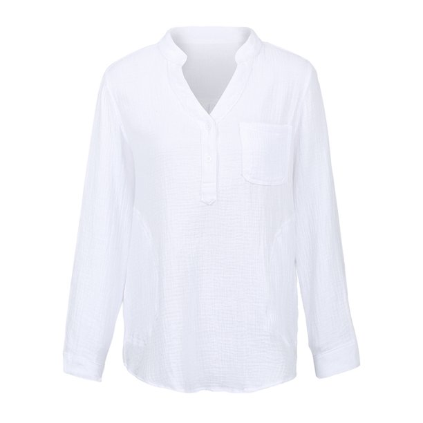Blusa suelta para mujer, blusas de manga larga con cuello en V de lino y algodón Irfora Blanco XXXL