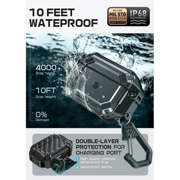 SUPCASE for Apple AirPods Pro 3 Case with Lock & Carabiner, [IP68 Waterproof] [Military-Grade Protection] [Supports Wireless Charging] Anti-Scratch Hard Shell Cover for AirPods Pro 3rd Gen, Black