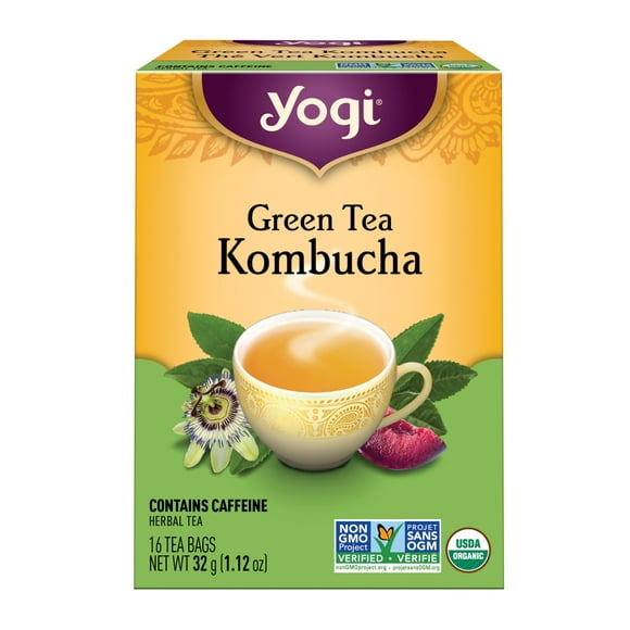 Yogi Green Tea Kombucha, contient des sachets de thé bien-être à la caféine, 16 pièces Kombucha au thé vert Yogi