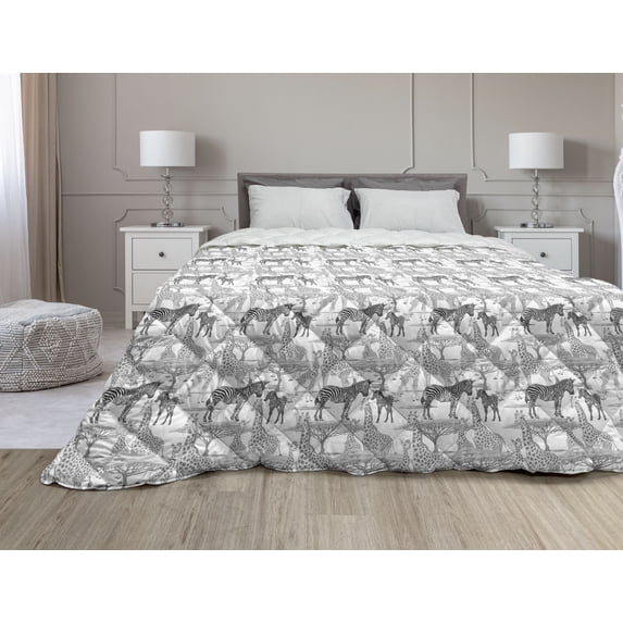 Animal Down Alternative Comforter, African Jungle Related Isolated Pattern of Adult Zebra Giraffe and Their Cubs, Microfiber Quilt for All Season, 5 Sizes, Grey and White, by Ambesonne