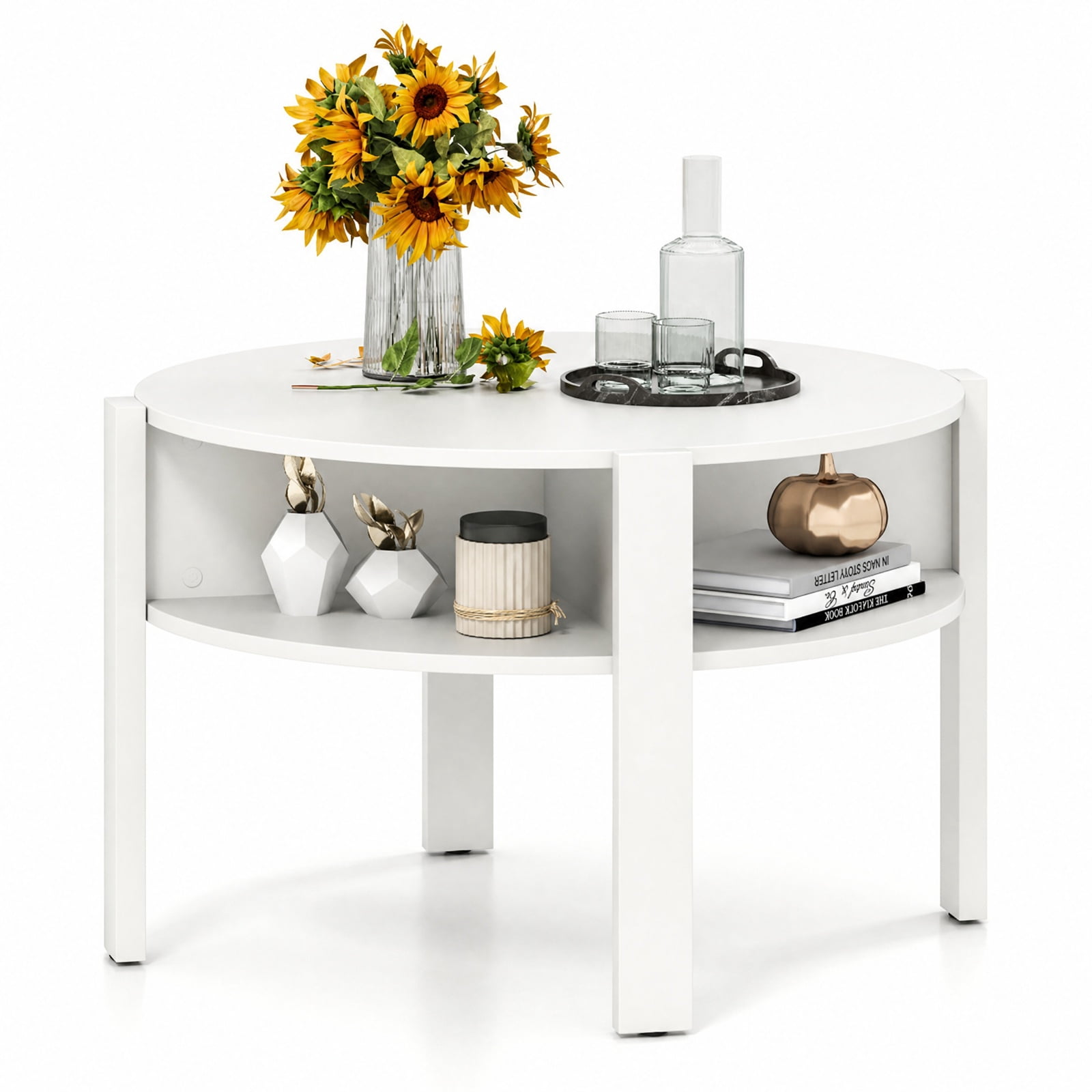Furnibear 29.5 Inch Round Coffee Table with Side Storage Shelves and Open Base a Compact Living Room Center Table for Small Spaces, White