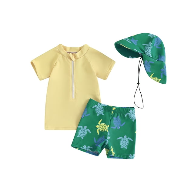 Gupgi 3 Piece Baby Toddler Boy Rash Guard Set, Kids Swimsuit Short Sleeve Tops Turtle Print Swim Trunks Swim Cap