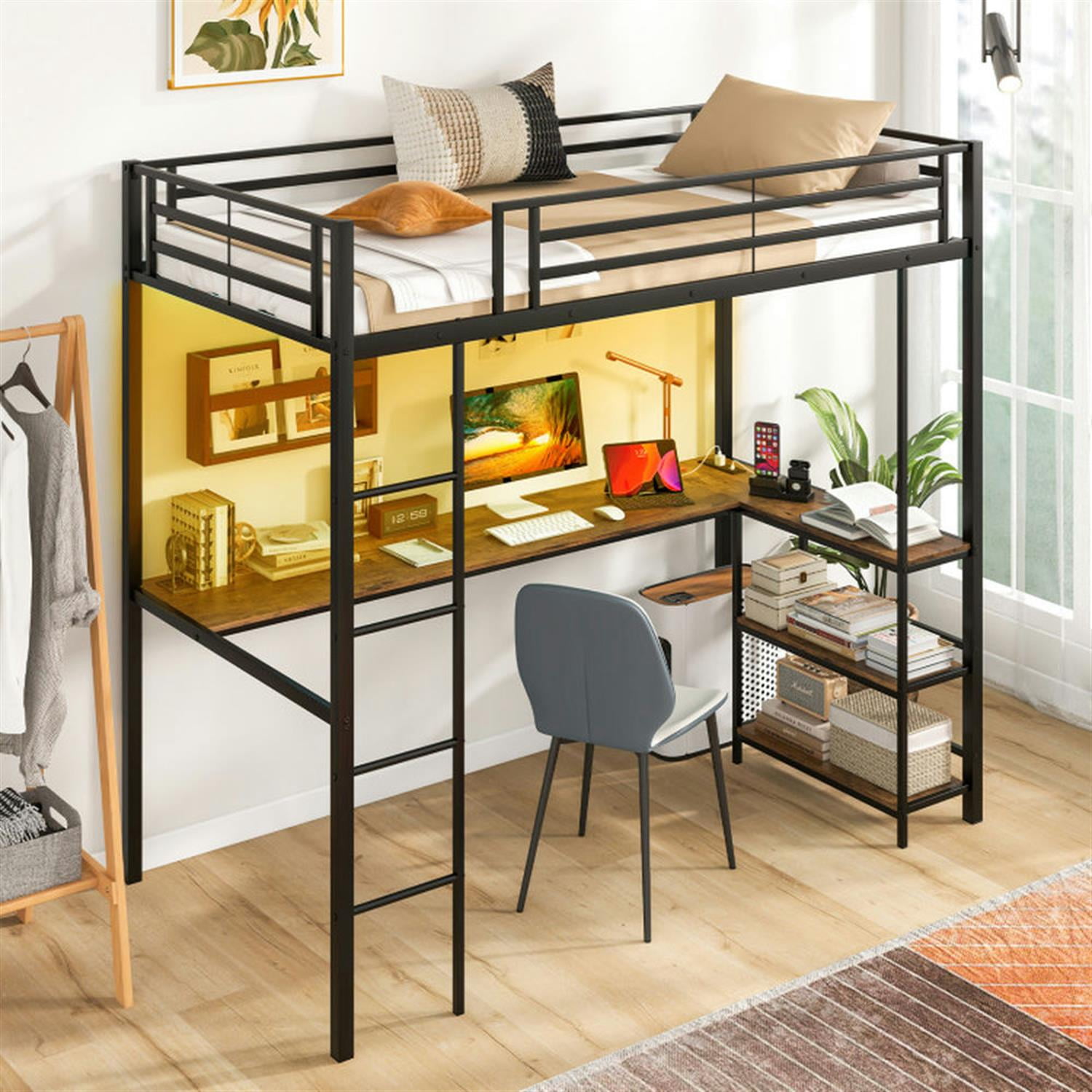 Demi Bonn Twin Size Loft Bed Raised Platform Bed with Desk and 2 Storage Shelves for Teens, Black
