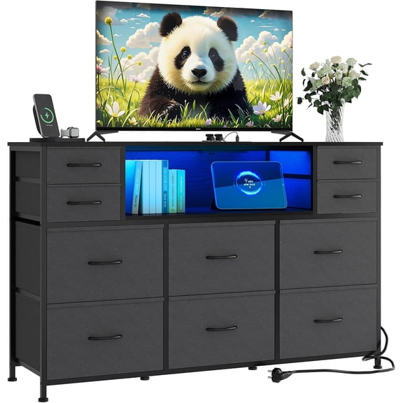 10-Drawer Fabric Dresser with Power Outlets and RGB LED Lights TV Stand for 45-55In TVs for Bedroom Living Room Entryway Gray