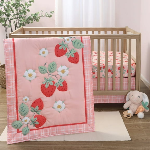 The Peanutshell 3 Piece Strawberry Sweet Baby Crib Bedding Set for Girls, Pink Crib Set, Baby Crib Comforter Set, Crib Accessories Girl, Newborn, Infant & Toddler Girl Bedding Set - Nursery Decor