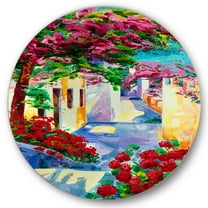 Designart 'Colorful Traditional Santorini Houses Among Flowers' Nautical & Coastal Circle Metal Wall Art 36x36 - Disc of 36