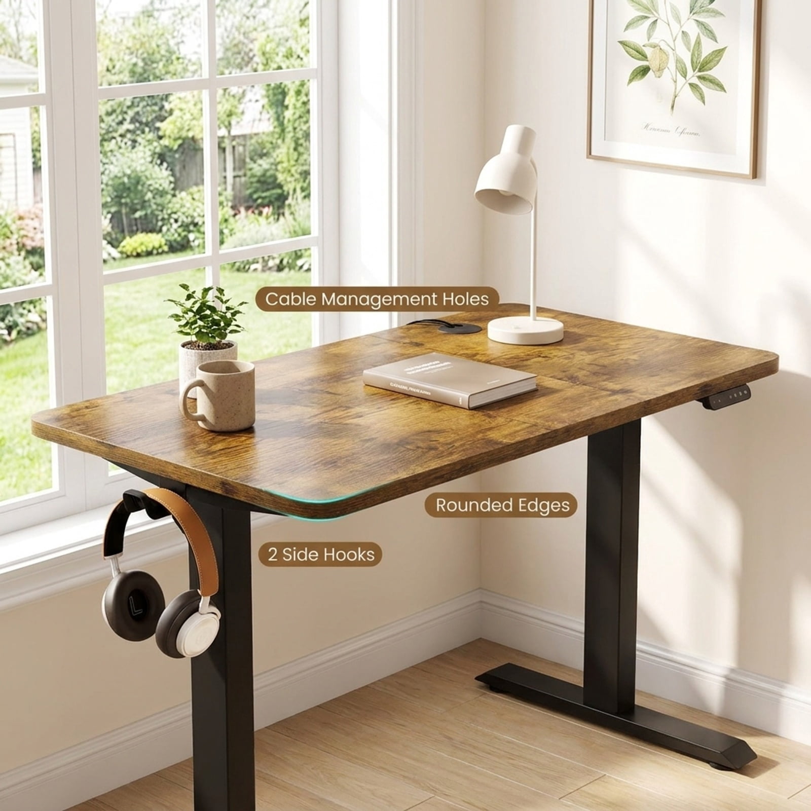 Furnibear 63 x 24 Inch Height Adjustable Sit Stand Computer Desk with 3 Memory Presets for Home Office Study Computer Writing, Rustic Brown