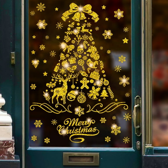 Christmas Tree Window Stickers, Golden Sparkling Christmas Tree Clings Stickers Xmas Decals Decorations Showcase Decal Sticker Snowflake Removable Christmas DIY Mural Decal Sticker