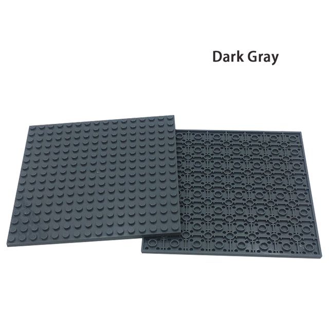 4/2pcs DIY Building Blocks 16X16 Dots Baseplates Bricks Educational Construction Children Toy Compatible With Brand 91405 in dark gray. The image shows two square baseplates with a 16x16 dot grid pattern, made of self-locking plastic bricks compatible with Lego. One baseplate is displayed front-facing, highlighting the dot grid, while the other shows the underside with interlocking grooves. Suitable for children aged 14 and above, these baseplates are ideal for creative construction projects.