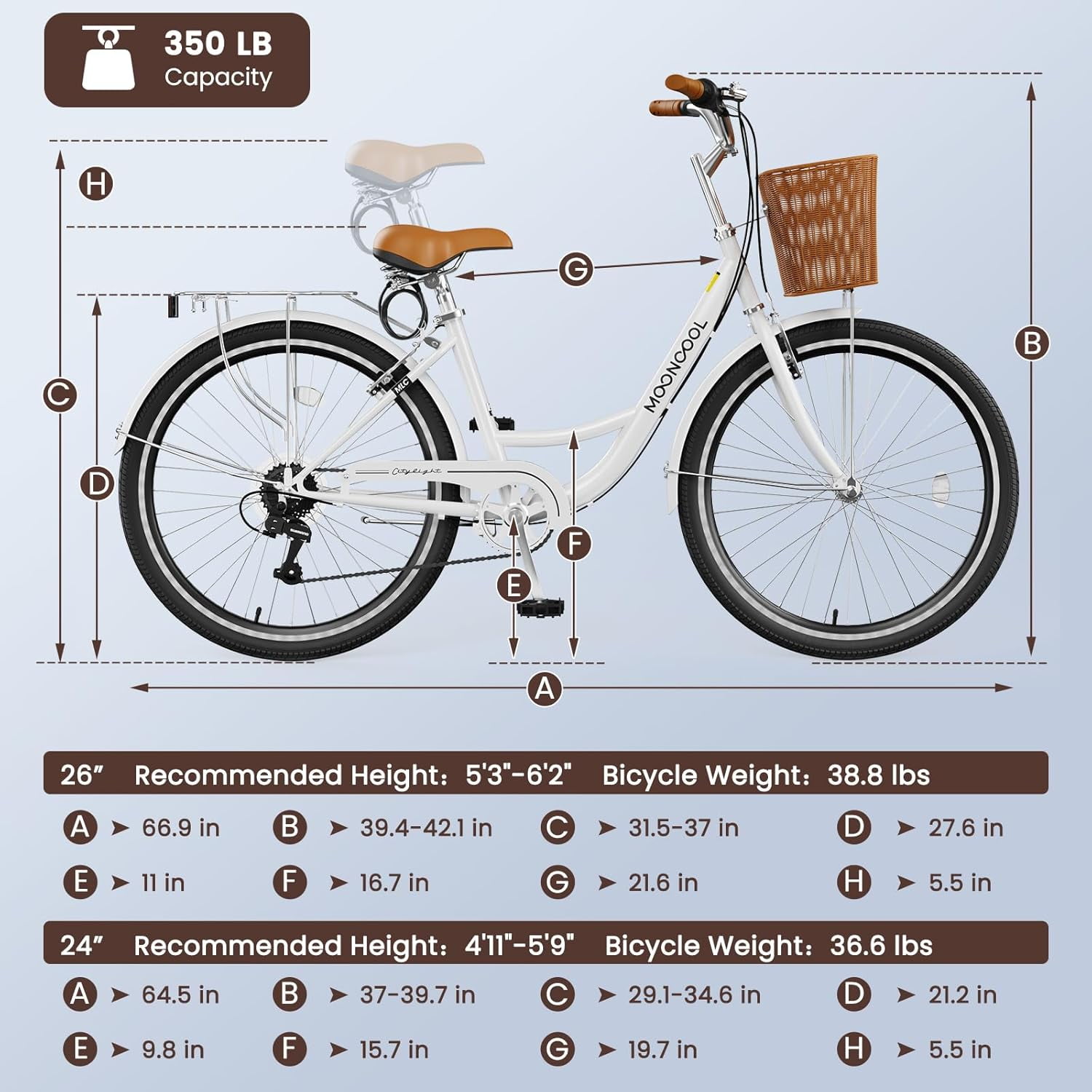 Classic Women Commute Bike with Basket, 24" Shimano 7 Speeds Adult Cruiser Bicycle for Ladies - Hi-Ten Steel Frame - Ideal for Urban Commuting and Beach Rides