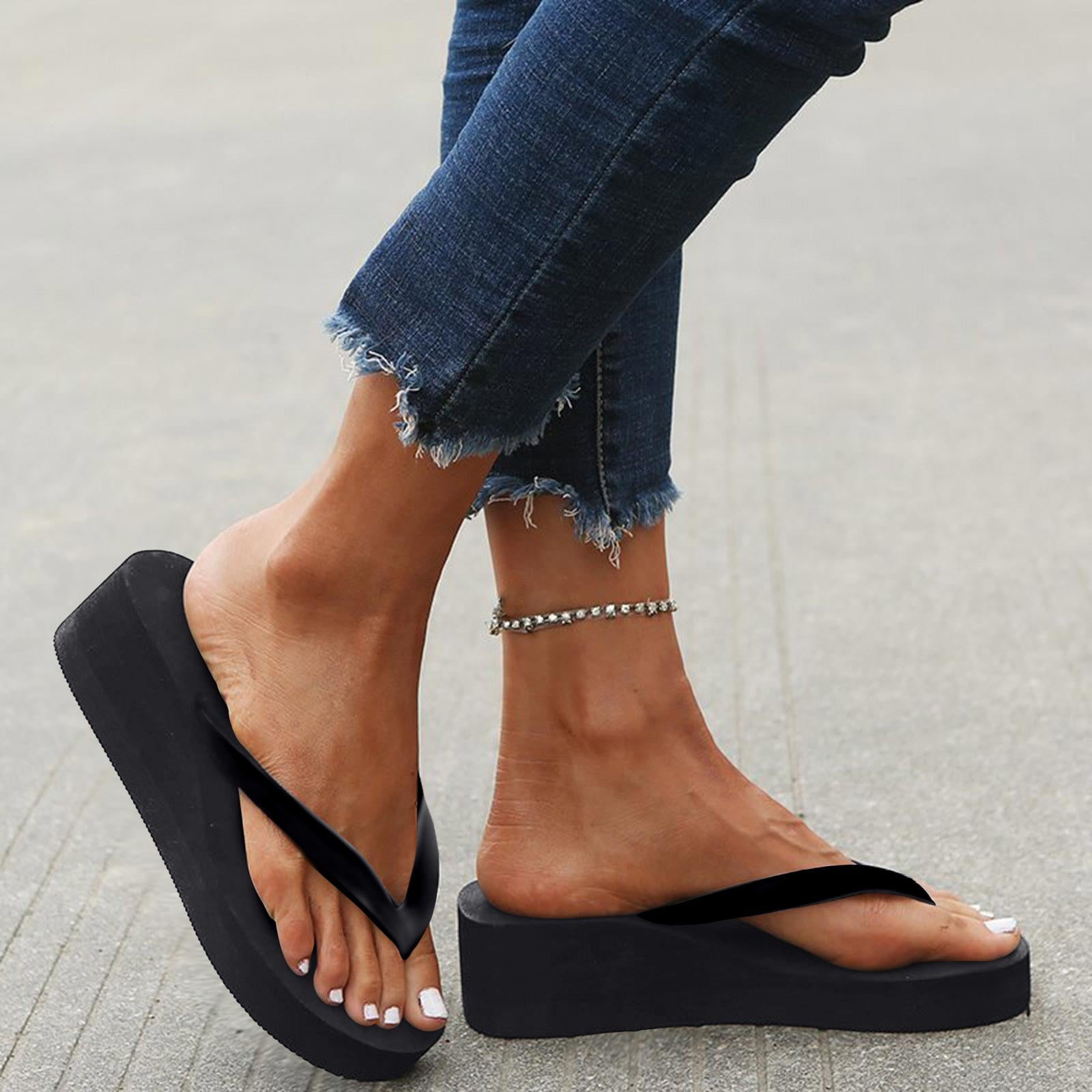 BRICH Wedge Flip Flops for Women Beach Shoes Heighten Wedges Platform Bohemian Slippers Clip Toe Sandals Black 6.5