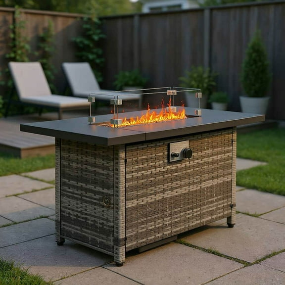 Demifill 43-Inch Fire Table with Grey Woven Rattan Side Panel, 50000 BTU Gas Firepit with Volcanic Stone for Outdoor Camping, Black