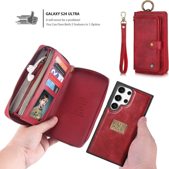 ELEHOLD Multi-Functional Wallet Phone Bag with Case for Samsung Galaxy S25 Ultra,Large Capacity Card Slots Zipper Purse Detachable Magnetic Case with Wristband Lanyard,Red
