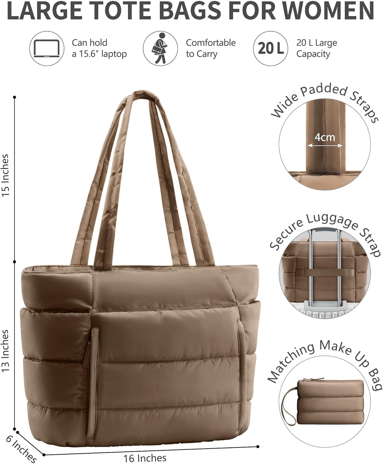ZUTOYBOLIN Puffer Tote Bag for Women, Lightweight Puffy Work Handbag Teacher Nurse Quilted Shoulder , Daily College Bags, 15.6" Computer Bag, Clinical Nursing Bag, Ideal Gift for Women.Khaki