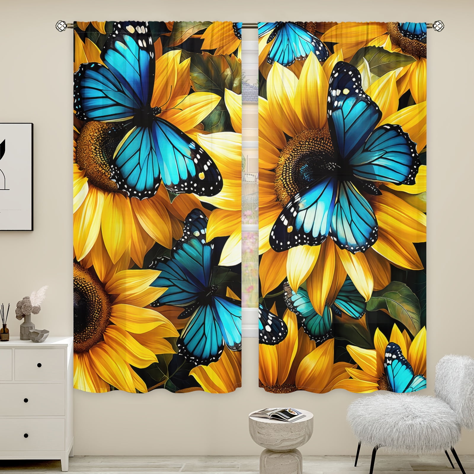 WNOOHIY Rustic Sunflower Butterfly Light-filtering Curtains for Bedroom Living Room,Window Treatment, Home Decor,Set of 2 Panels